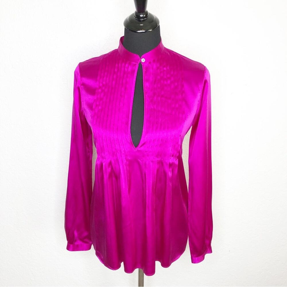 Theory Bianca dark fuchsia pink silk pleated tuxedo blouse top size Small